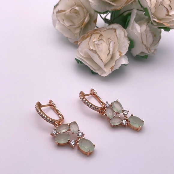 Rose Gold Plated Green Zircon Flower Drop Earrings - Picture 7 of 7